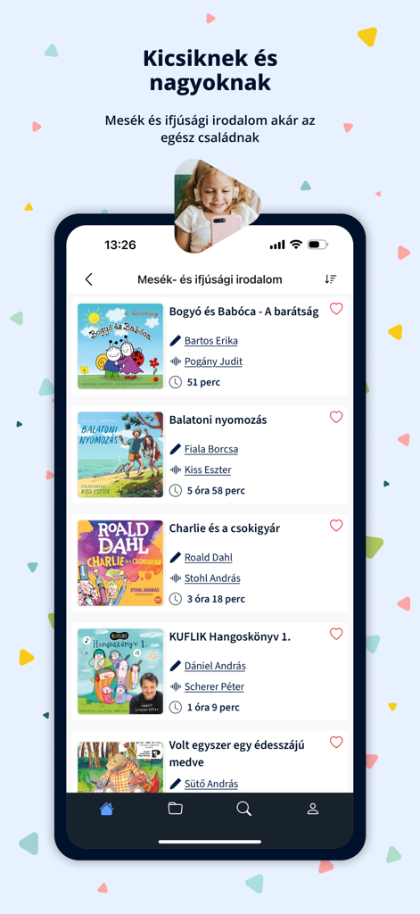 Schermata dello smartphone dell'app Voiz che mostra una selezione di audiolibri ungheresi per bambini e ragazzi, inclusi titoli come Bogyo es Baboca e Charlie and the Chocolate Factory.