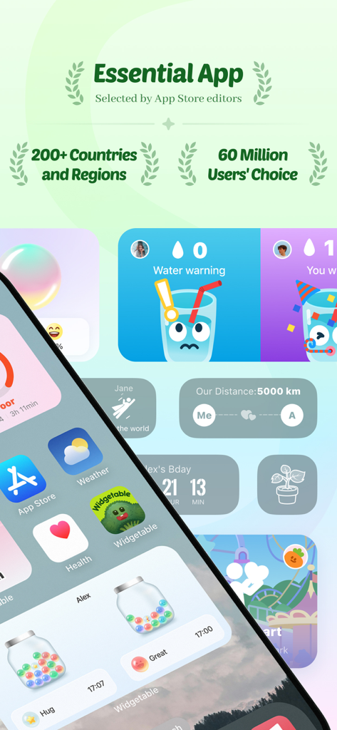 무드 항아리와 거리 추적기를 포함한 Widgetable 앱의 다양한 미적 위젯을 보여주는 아이폰 홈 화면