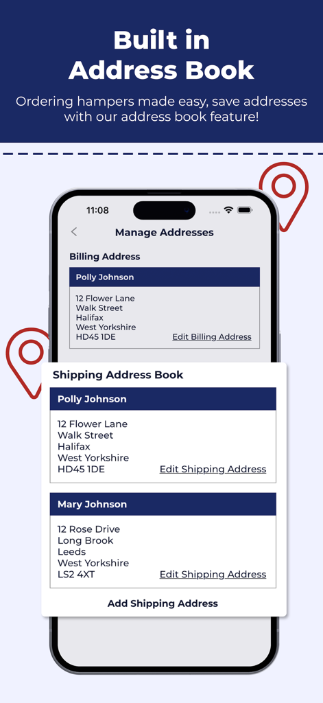 Prestige Hampers - A mobile screen showing the built in address book feature of the Prestige Hampers app for managing shipping and billing addresses.