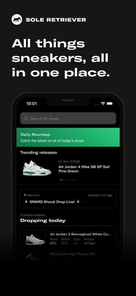 Sole Retriever mobile app interface showing sneaker release dates and trending shock drop alerts
