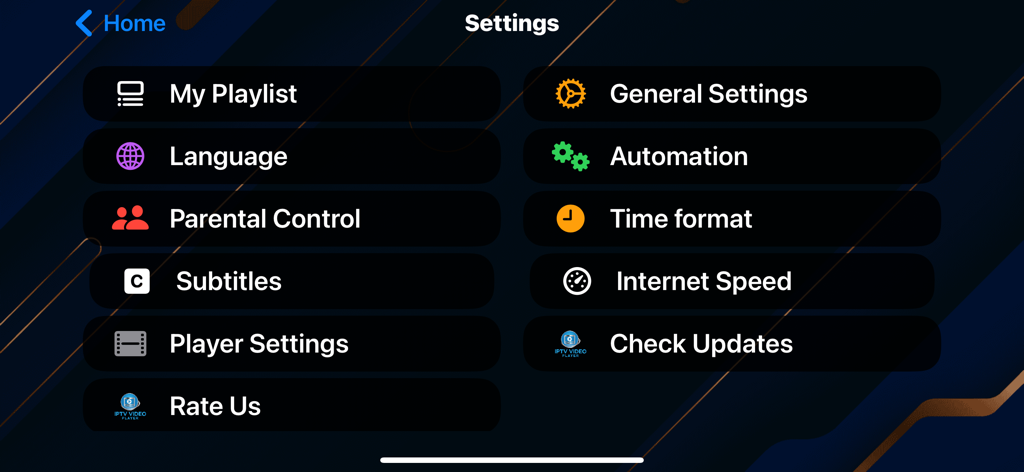 Einstellungsmenü der IPTV Video Player Pro App mit Optionen für Playlists, Kindersicherung, Untertitel und Player-Einstellungen.