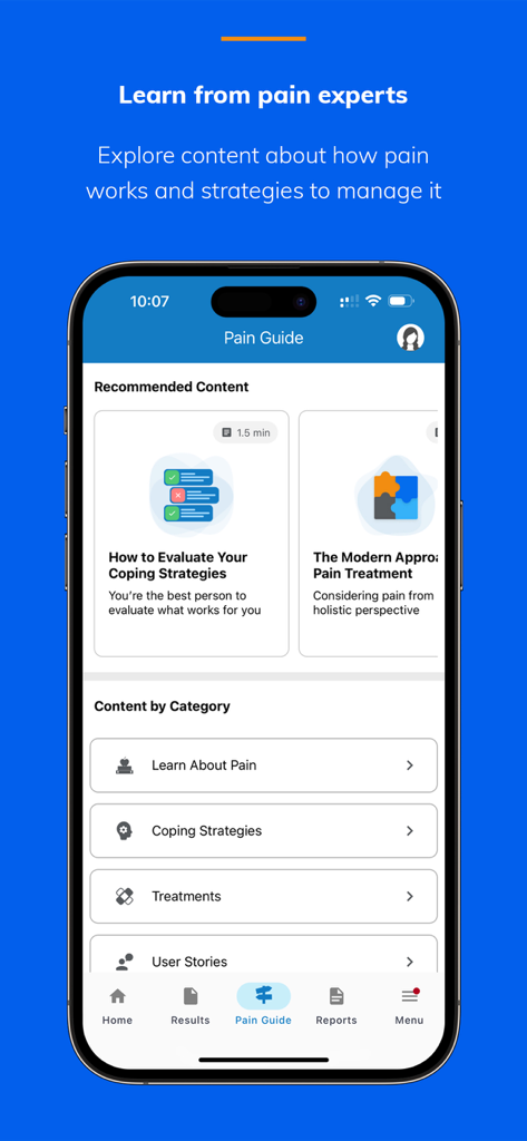 Manage My Pain - Pantalla de Guía de Dolor en la aplicación Manage My Pain que muestra artículos educativos y categorías de estrategias de afrontamiento para el manejo del dolor crónico.