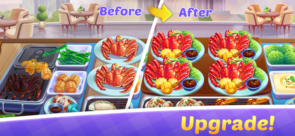 Cooking Train - Food Games - Before and after comparison of upgraded crab dishes in Cooking Train food game