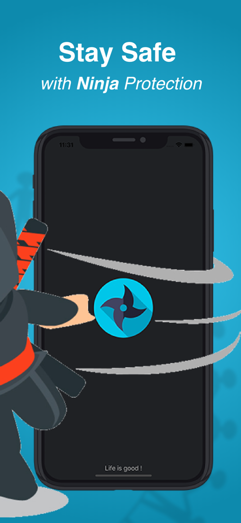 Ninja VPN app promotional screen showing stay safe with ninja protection