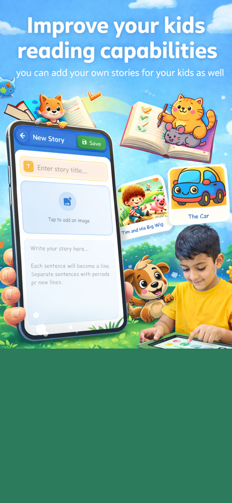Kids Academy - Learn and Play - Un niño usa la aplicación Kids Academy con la función para crear y agregar historias personalizadas para mejorar las habilidades de lectura.