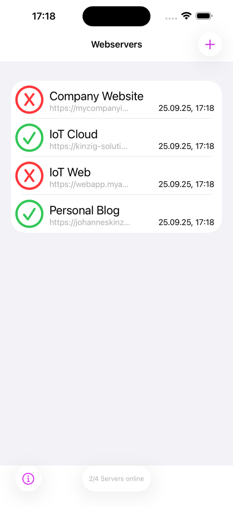 The WebServerMonitor app interface displaying a list of monitored websites with green checkmarks for online and red X marks for offline status.