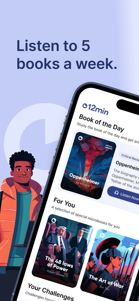 12min: Book Summaries Daily - 12min mobile app showing book summaries for Oppenheimer and The Art of War with text promoting listening to 5 books a week