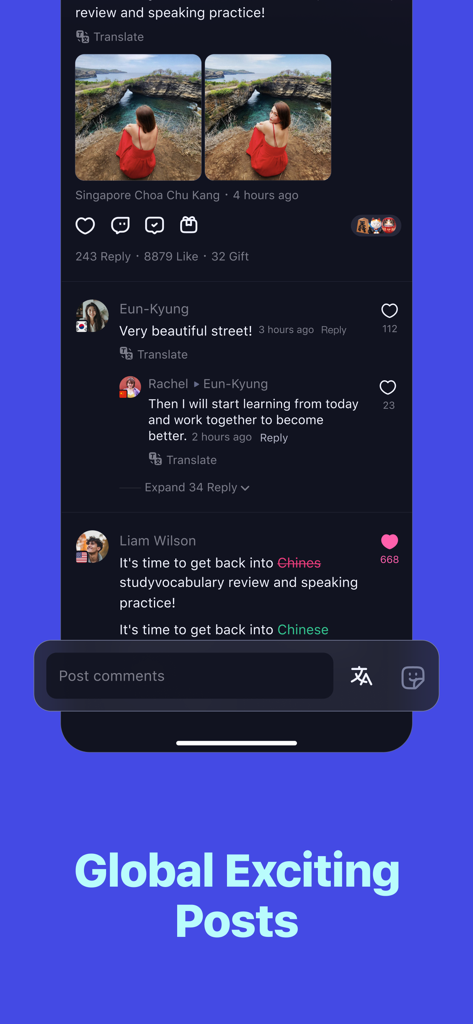Uma captura de tela do aplicativo Talkin mostrando o feed de Momentos Globais com fotos e comentários da comunidade.