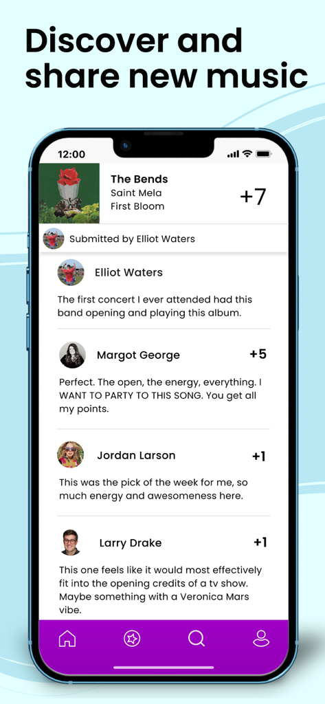 Una captura de pantalla de la aplicación Music League que muestra la entrada de una canción con comentarios de usuarios y puntos otorgados por descubrimiento y compartir.