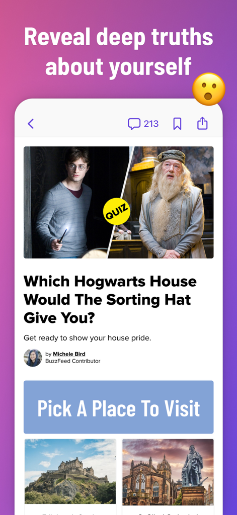 Screenshot of a BuzzFeed personality quiz titled Which Hogwarts House Would The Sorting Hat Give You.