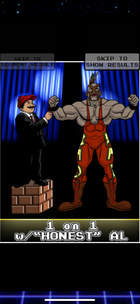 A retro wrestling promo segment featuring a muscular masked wrestler and an interviewer named Honest Al