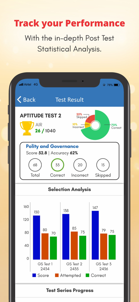 Performance tracking dashboard in the Vision IAS app showing UPSC test results and statistical analysis