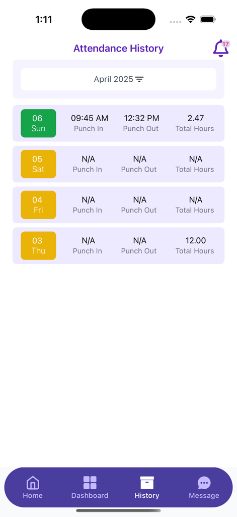 Smart HRM - Screenshot of the Smart HRM app showing a detailed attendance history log with punch in and punch out times.