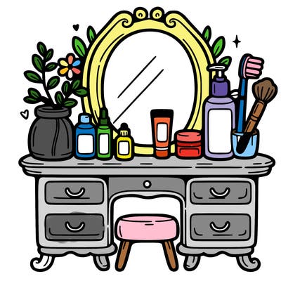 vanity with skincare on it