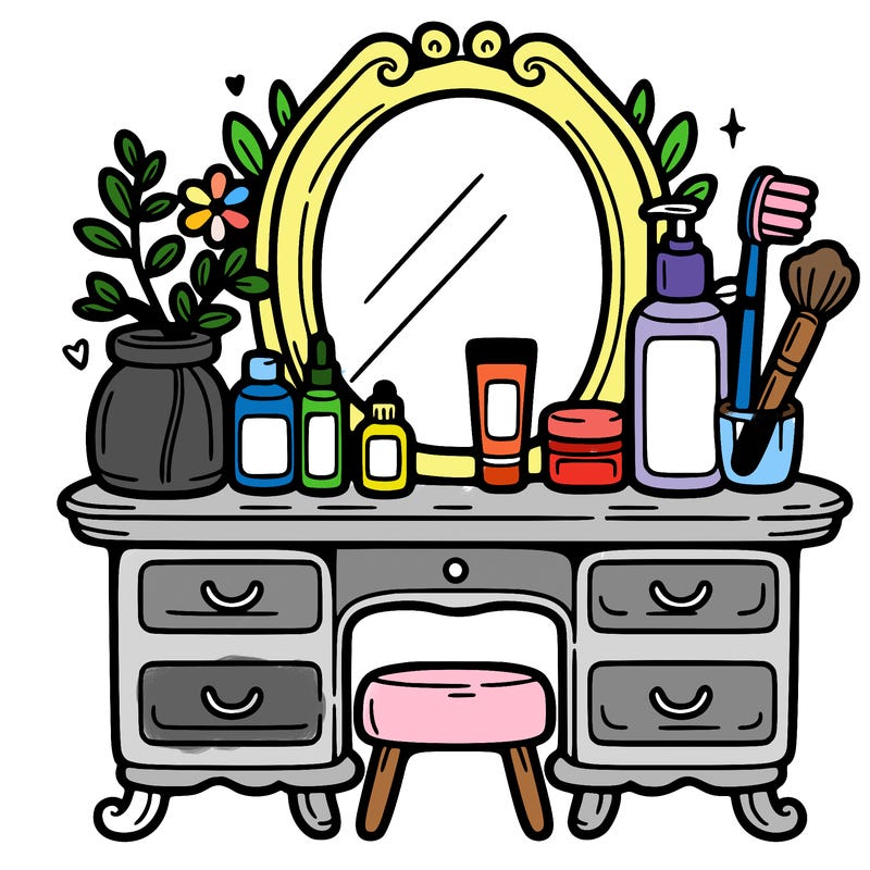 vanity with skincare on it