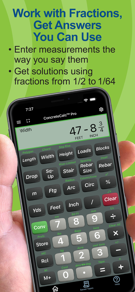 ConcreteCalc Pro mobile app showing imperial measurement calculations with fractions