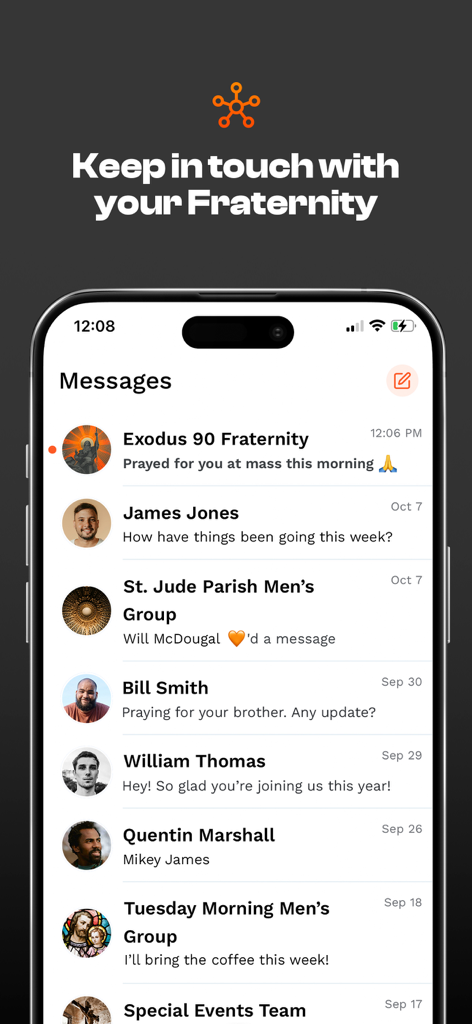 Exodus 90: Catholic Men's App - Messaging interface in the Exodus 90 app showing fraternity group chats and spiritual support messages
