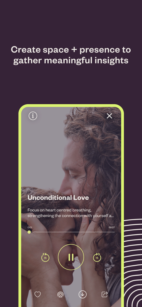 A guided breathwork session interface on the Othership app titled Unconditional Love with playback controls and emotional imagery