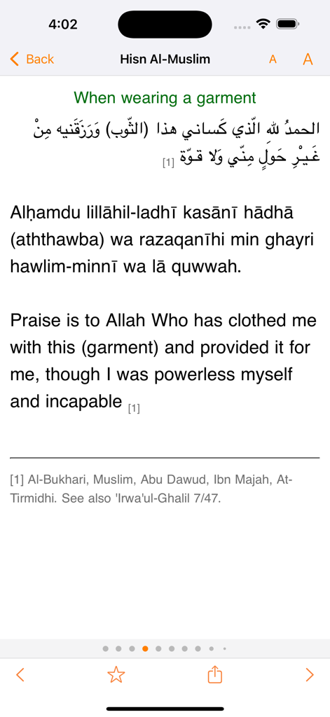 Bilingual prayer for wearing a garment in the Hisn Al-Muslim mobile app