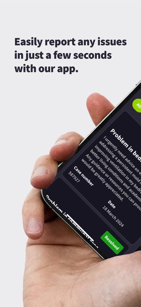 iQ Student Accommodation - A hand holding a smartphone showing the iQ Student Accommodation app interface for reporting maintenance issues and tracking case status.