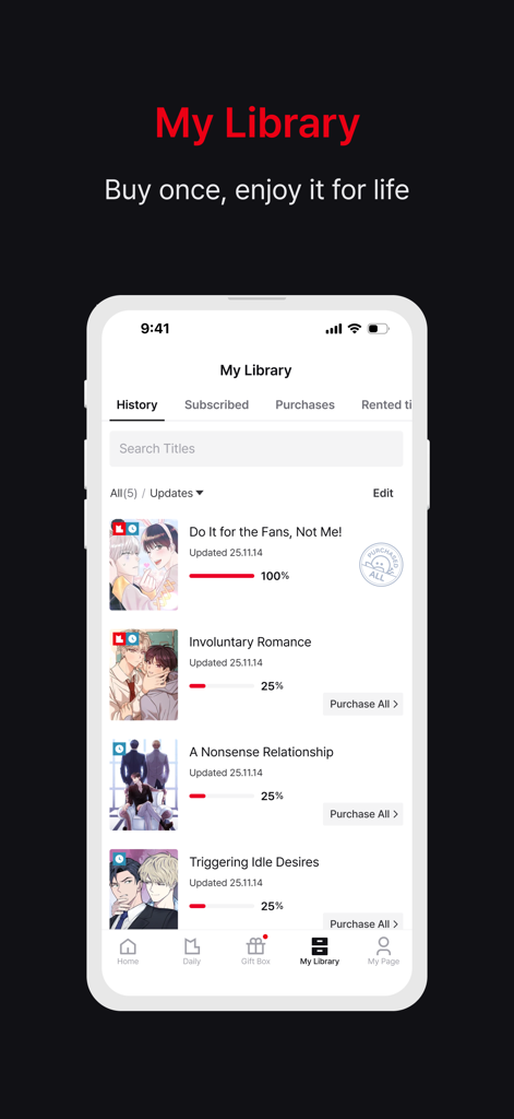 Lezhin Comics mobile app interface showing the My Library section with various webtoon titles and reading progress.