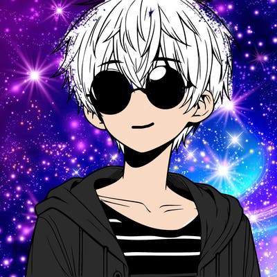 boy with white hair and circle sunglasses anime
