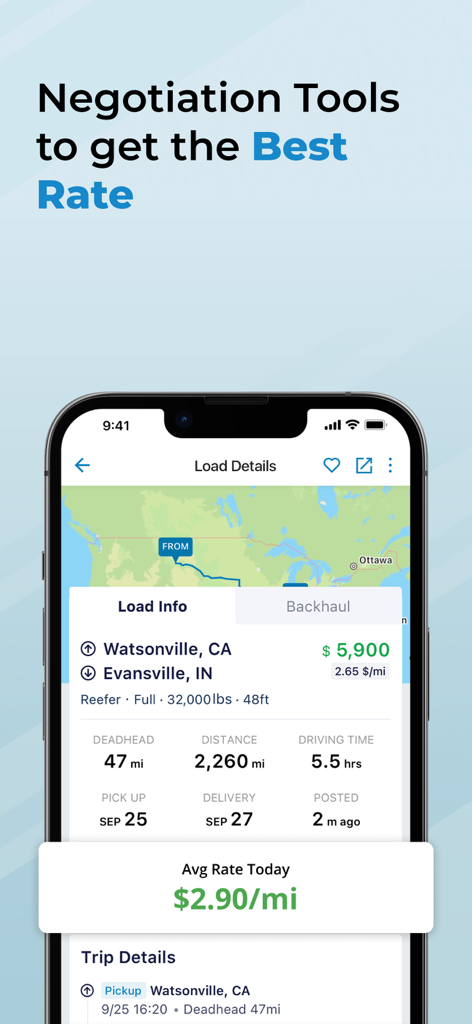 Trucker Path app load details screen with negotiation tools and average market rate information