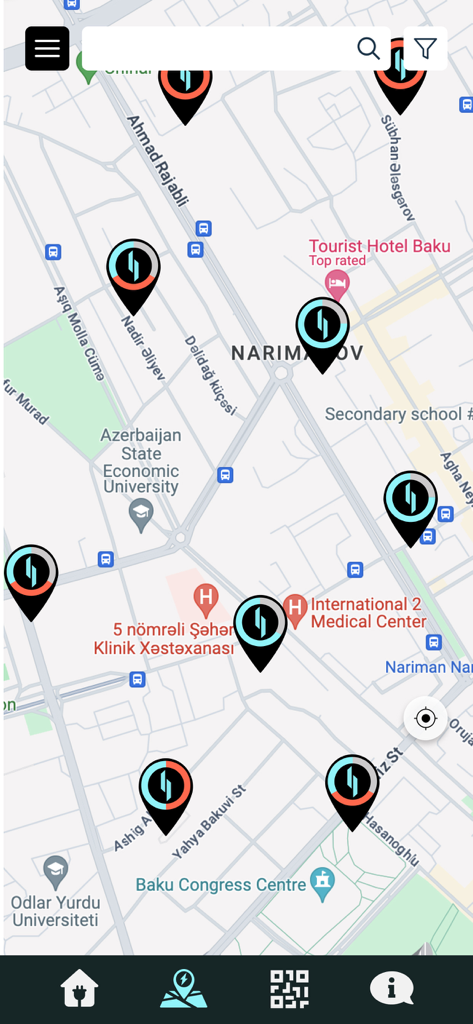 GOFAR - Map view of the GOFAR app displaying various electric vehicle charging station locations