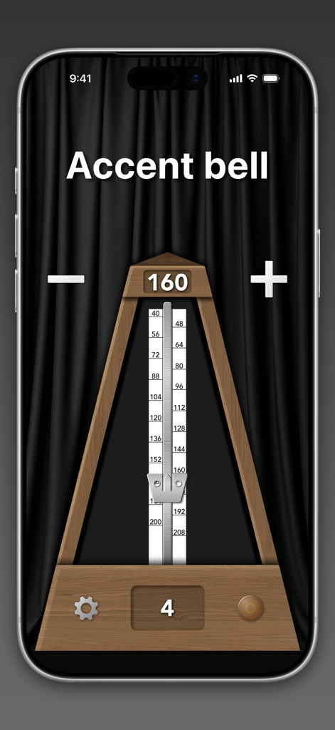 True Metronome Lite - True Metronome Lite app interface showing a realistic wooden metronome with the accent bell feature enabled