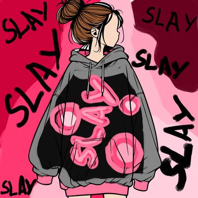 realistic girl with a oversized sweatshirt on and a bun