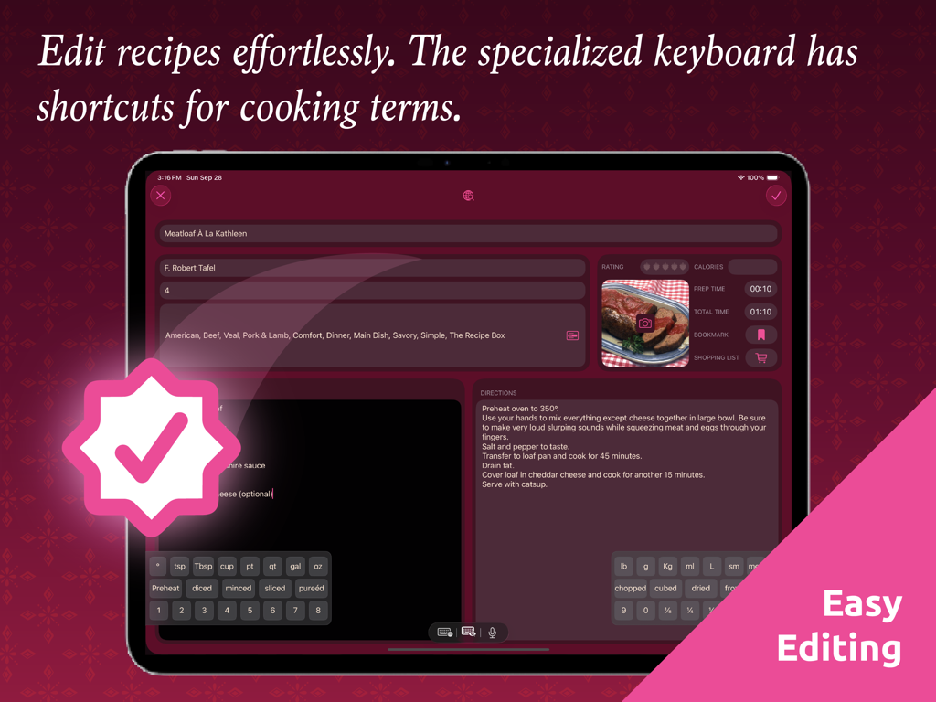 Editing interface of The Recipe Box app on iPad showing a specialized keyboard with cooking term shortcuts