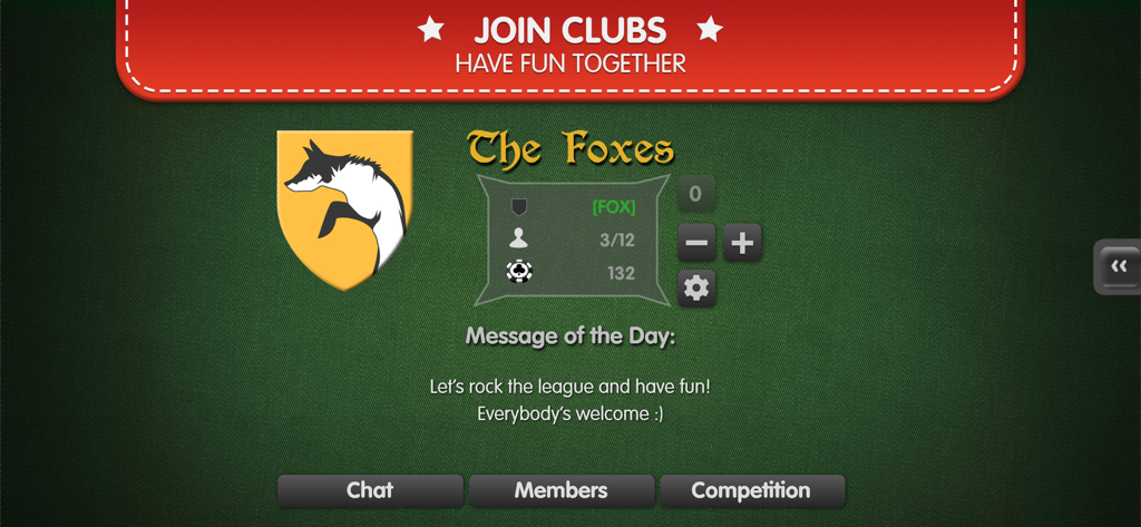 Schermata di gioco di Solitaire Palace che mostra l'interfaccia del club per un gruppo chiamato The Foxes