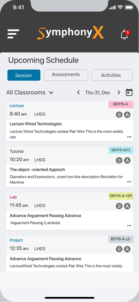 SymphonyX - Interfaz de la aplicación móvil SymphonyX que muestra el próximo horario académico de un estudiante con clases, tutorías y laboratorios.