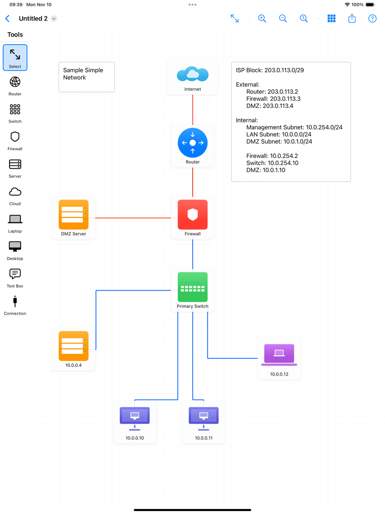 NetSketch - NetSketch iPadアプリで作成されたネットワークトポロジー図。ルーター、ファイアウォール、接続されたデバイスが表示されています。