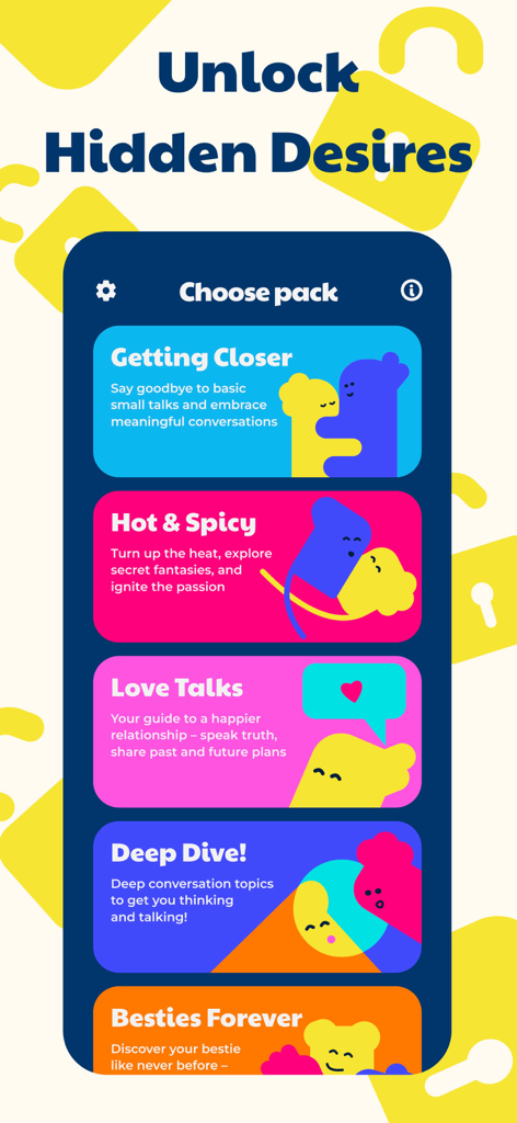 DeepQ app interface showing conversation pack options including Getting Closer Hot and Spicy and Besties Forever