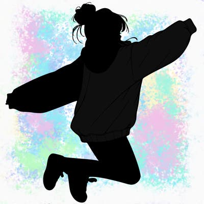 realistic girl jumping with a bun and oversized sweatshirt