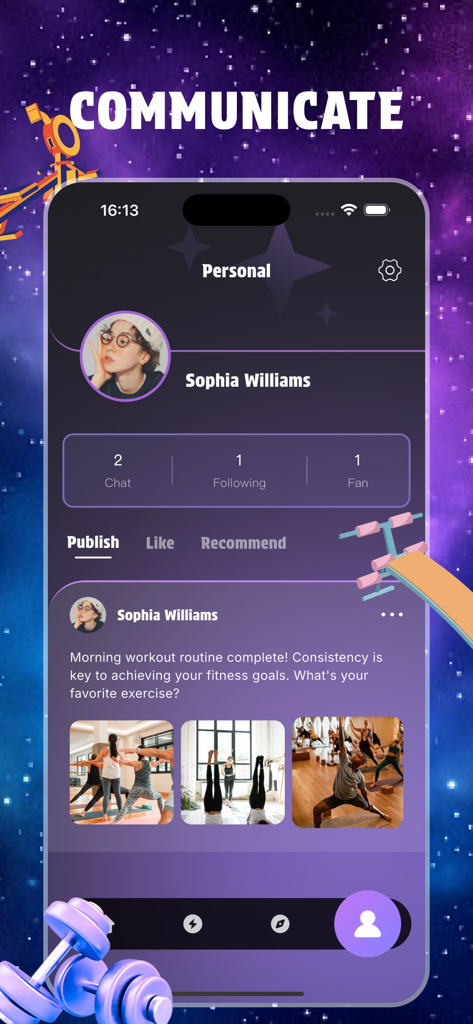 Chime - Discover, Enjoy & Chat - Chimeアプリのユーザープロフィール画面。ワークアウト投稿とソーシャルインタラクションボタンが表示されています