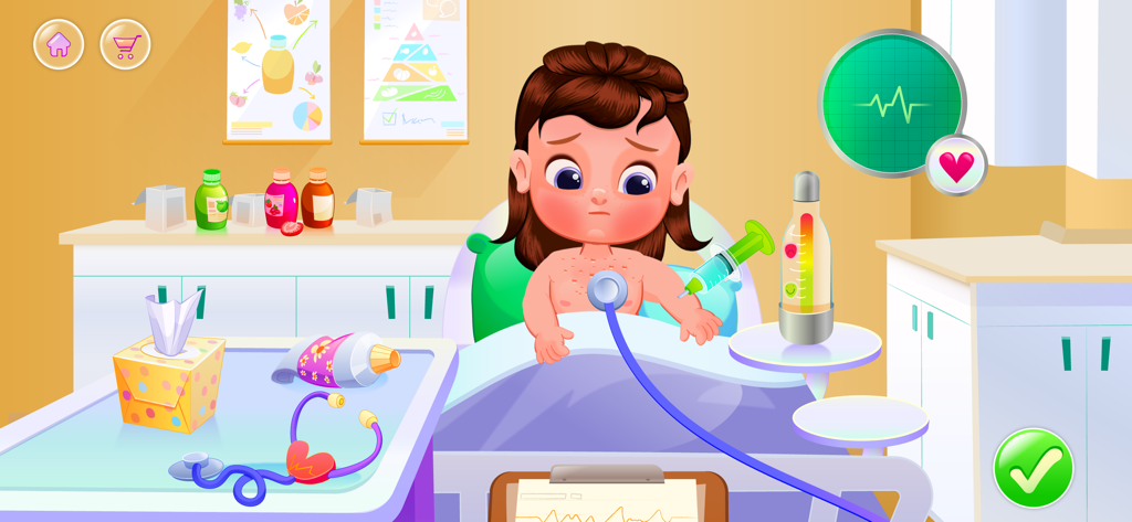 My Baby Care 2 - Daycare Game - Doctor mini game showing a baby girl in a hospital bed receiving care