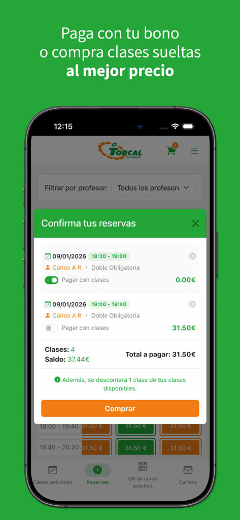 Pantalla de la aplicación móvil que muestra una confirmación de reserva de clase de conducción y la interfaz de pago