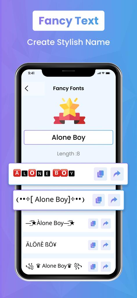 Nickname Generatore - 맞춤형 게임 이름을 위한 다양한 스타일리시한 글꼴 스타일과 기호를 보여주는 닉네임 생성기 앱 인터페이스