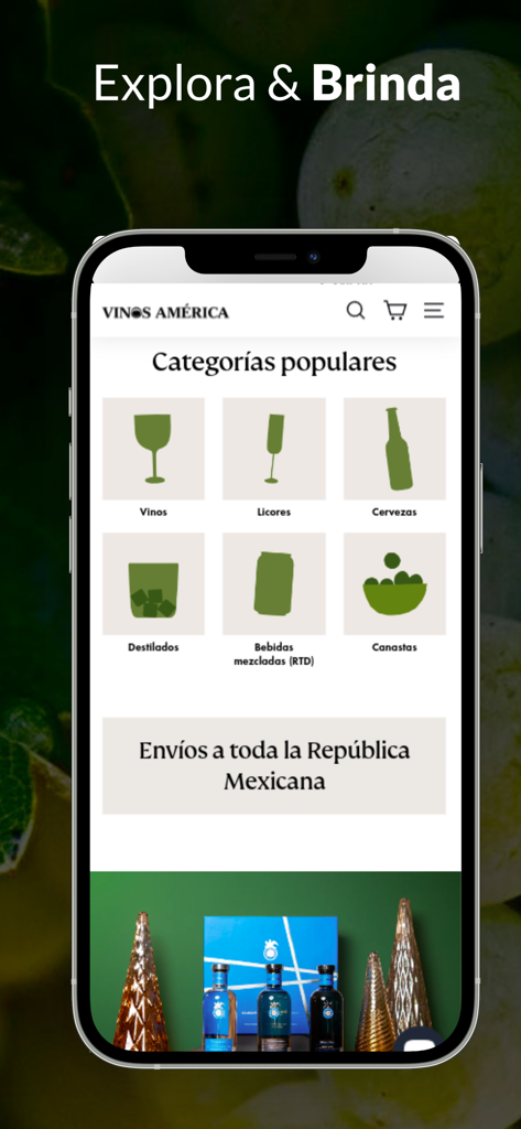 Vinos América Shop - Mobile app home screen for Vinos America Shop showing popular categories for wine liquors and beer