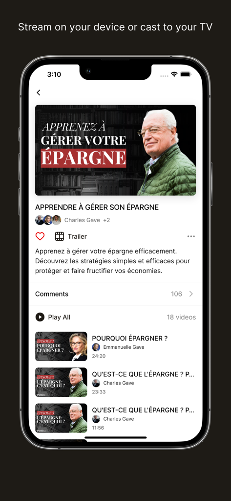Université de L'Épargne - Écran mobile de l'application Universite de l Epargne montrant un cours vidéo d'éducation financière par Charles Gave