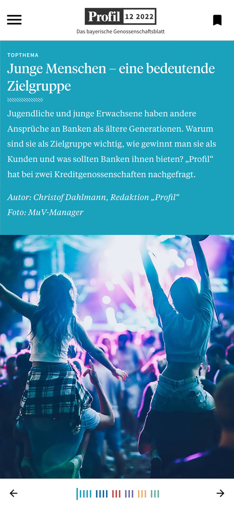 Screenshot der Profil GVB Magazin App, der einen Artikel über junge Menschen als Zielgruppe für Genossenschaftsbanken zeigt