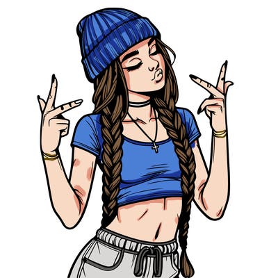 realistic teenage girl with braids and a beanie and crop top doing 🫶🏼