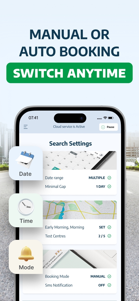 Test Hunter - Cancellations UK - Una interfaz móvil de la aplicación Test Hunter que muestra la configuración de reserva manual y automática para cancelaciones de exámenes de conducir en el Reino Unido.