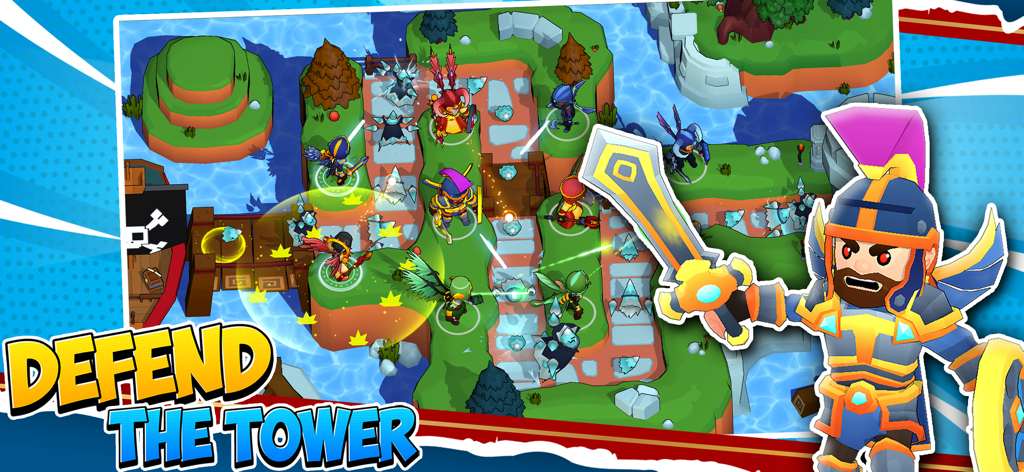 Idle Hero TD Tower Defense RPG - A fantasy warrior hero stands next to a tower defense battle on a tropical island map.