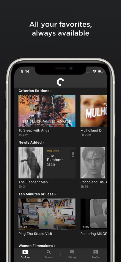 The Criterion Channel - Smartphone screen showing the Criterion Channel app with rows of curated movies including Criterion Editions and Newly Added films.