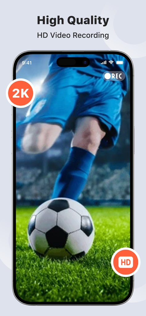 Screen Recorder - Recorder - Interface of Screen Recorder app showing high quality HD and 2K video recording of a soccer match