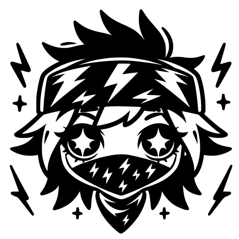 black lightning aura girl with black bandana and white beady legendary eyes