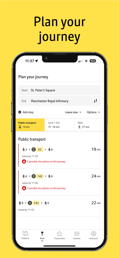 Pantalla de planificación de rutas de transporte público de la aplicación móvil Bee Network de St Peters Square al Manchester Royal Infirmary